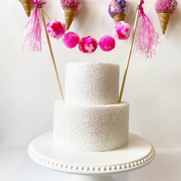 Pink Pom Pom Cake topper, Birthday Cake Topper for Girls, Tassel Cake Topper - Picture 3 of 4